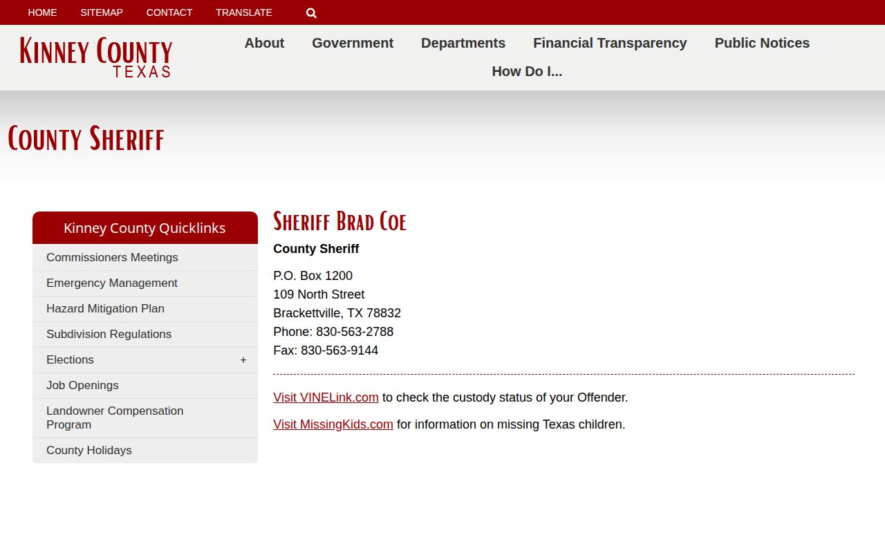 Kinney County custody-record source on the sheriff page